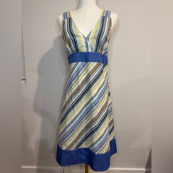 Patagonia Dresses & Skirts - Patagonia Size 10 Netty V-neck Striped Tie Back Midi Dress - Blue, Yellow, Brown